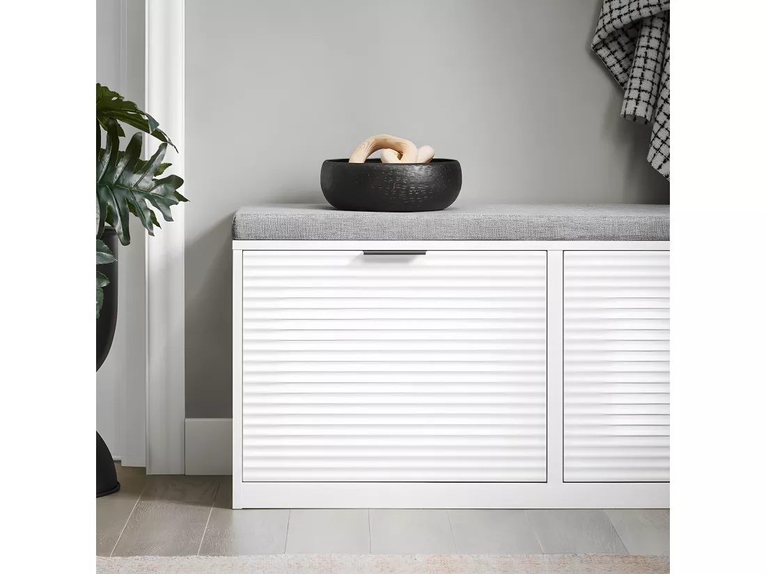 SoBuy Banc à Chaussures Banc d’Entrée Banc de Couloir Armoire à Chaussures avec 2 Abattants Meuble de Rangement pour Entrée avec Coussin Rembourré, 105 x 35 x 48 cm, Blanc, FSR147-W