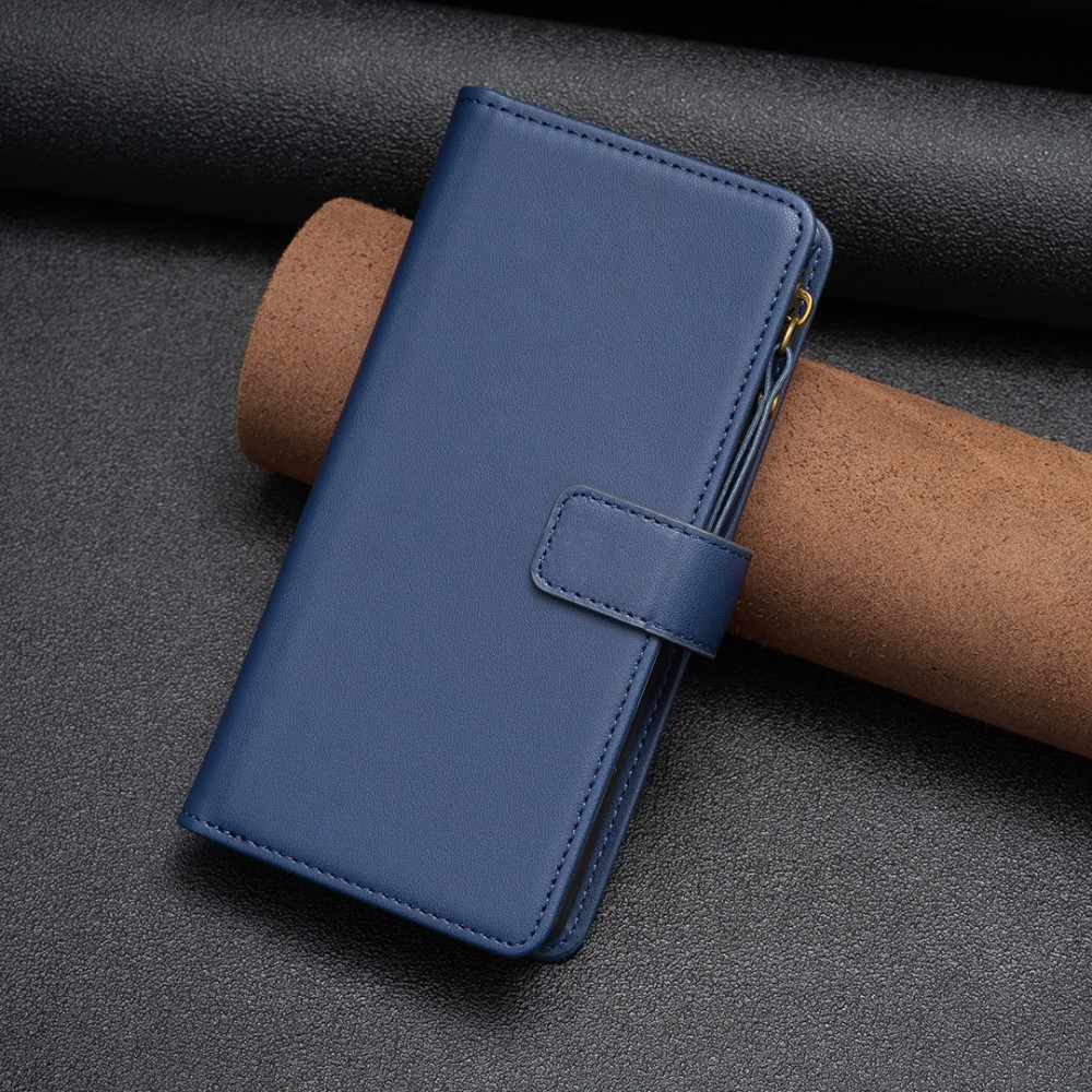 iPhone 15 Pro Max Leder Wallet Etui Tasche mit 9 Kartenfächern   Münzfach - Dunkelblau