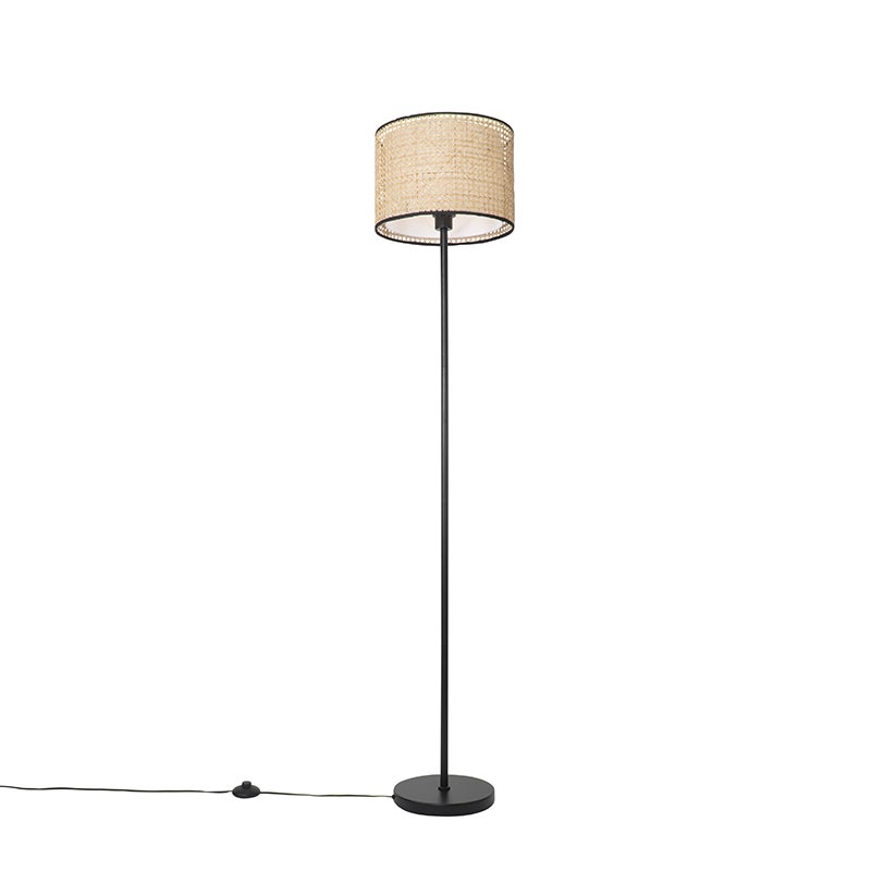 QAZQA - Country House I Vintage landelijke vloerlamp zwart met rotan kap - Kata I Woonkamer I Slaapkamer - Langwerpig - LED-compatibel E27