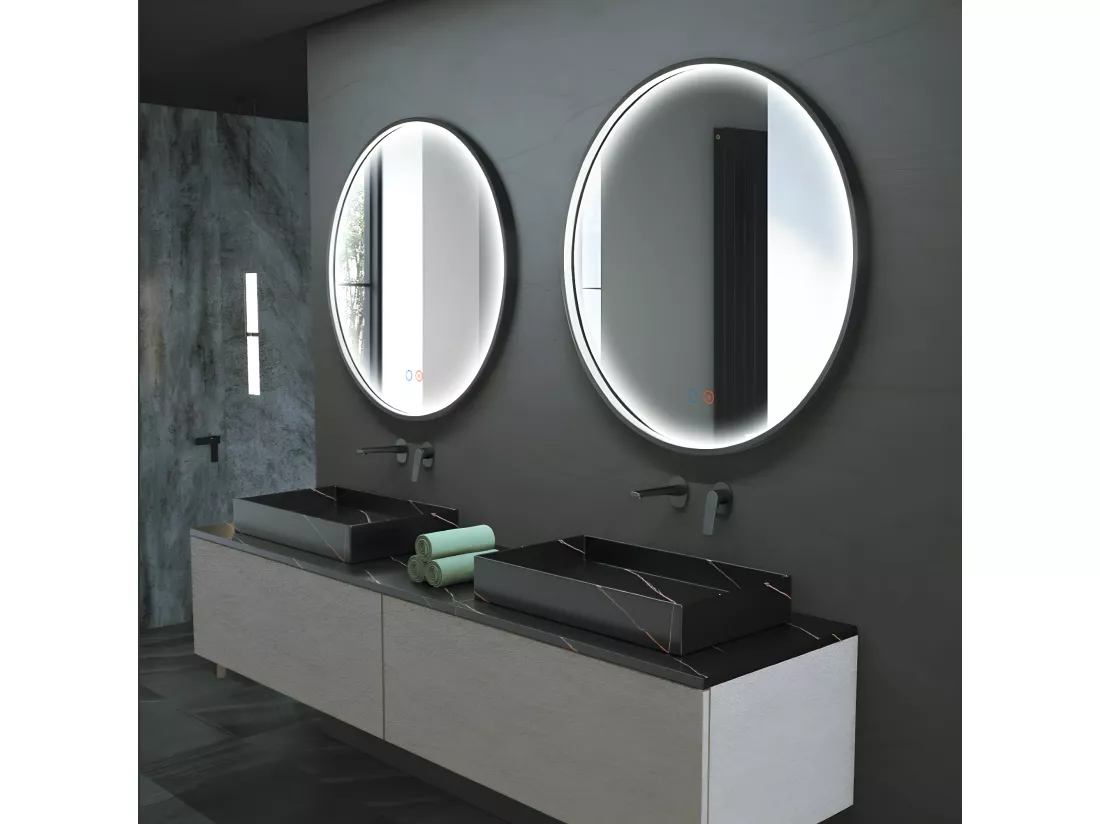Miroir Salle de Bains Lumineux NÉPAL Anti-Buée et Éclairage Périmétral Triled Tactile On/Off Ø100 Noir Mat LEDIMEX by SANIZÉO