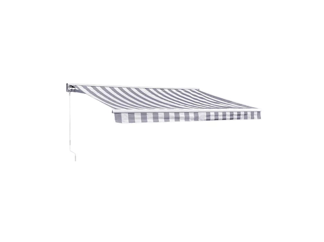 Store banne SAULE 3,5 × 3m avec semi-coffre - Toile rayée blanche/grise et structure blanche - HAPPY GARDEN