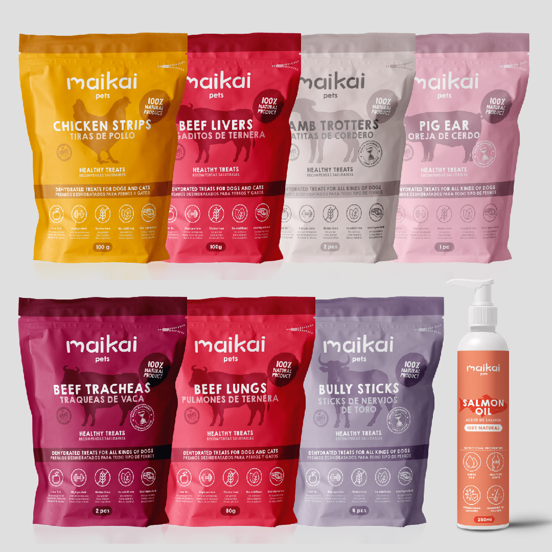 MAIKAI Pacote com 7 Petiscos para Cães + Óleo de Salmão 250 ml