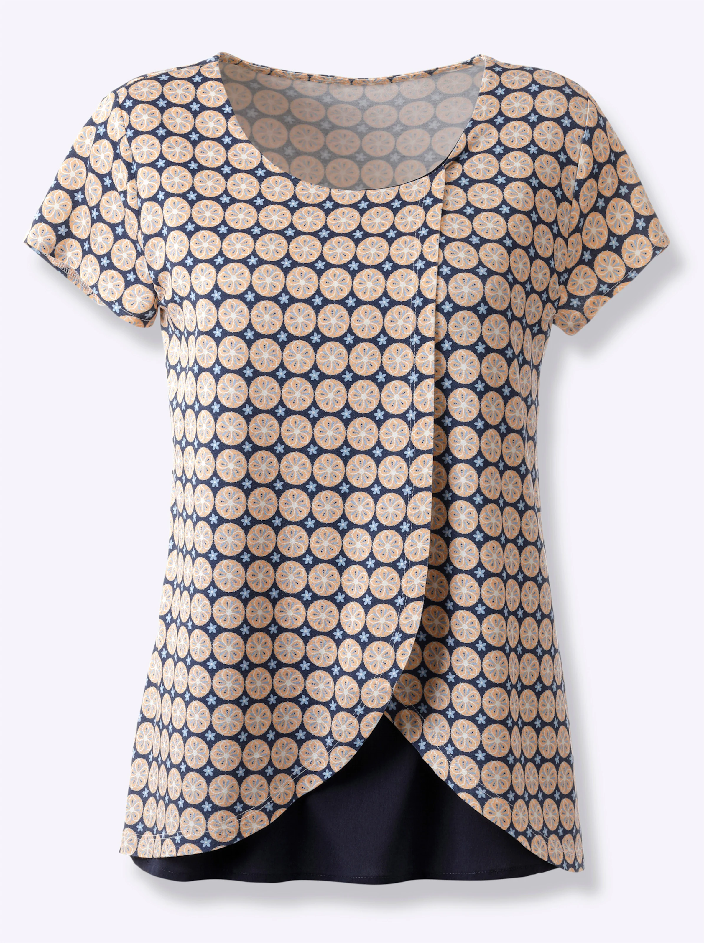 Kurzarmshirt in apricot-weiß-bedruckt