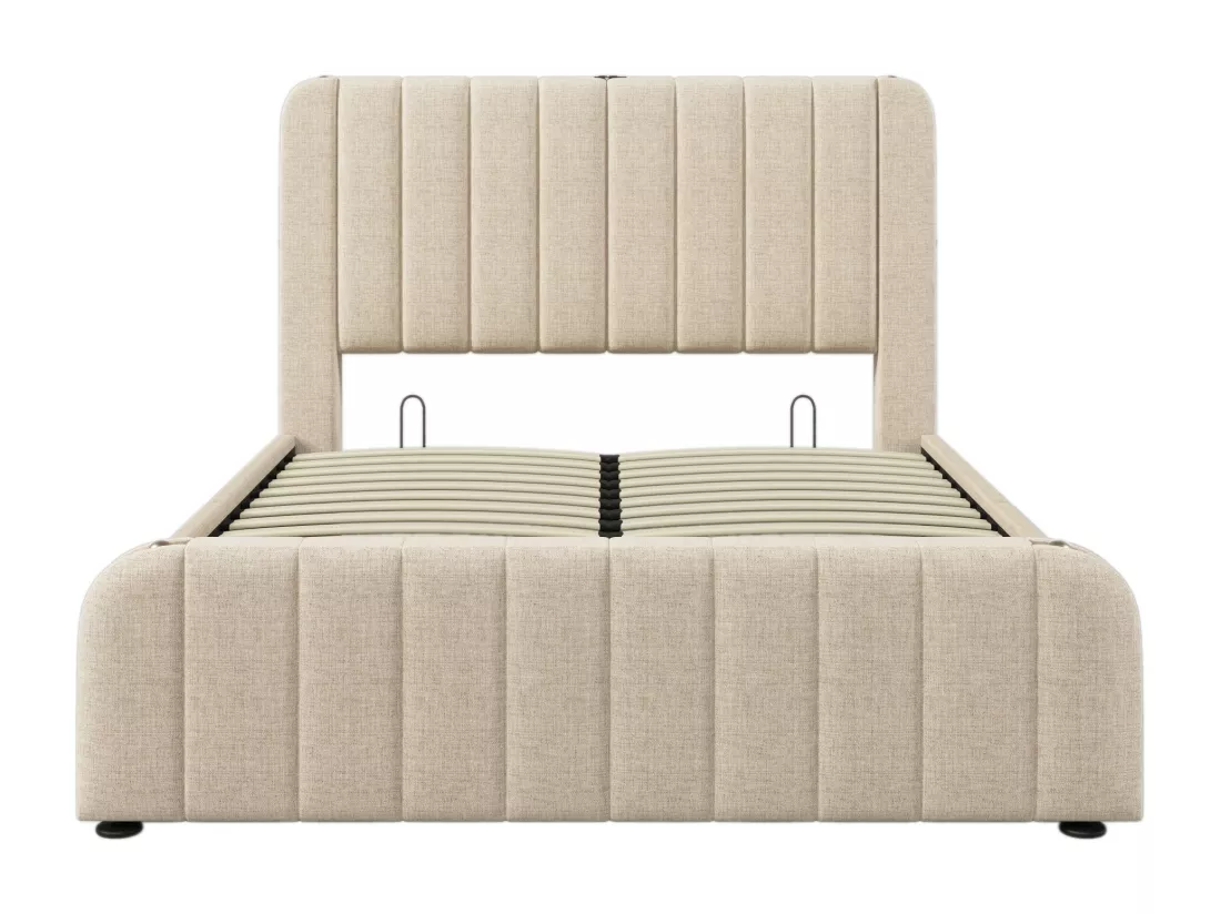 Lit adulte, double 160*200 cm, avec garniture dorée et unité de charge USB Type-C, tissu de lin beige, lit de rangement hydraulique.