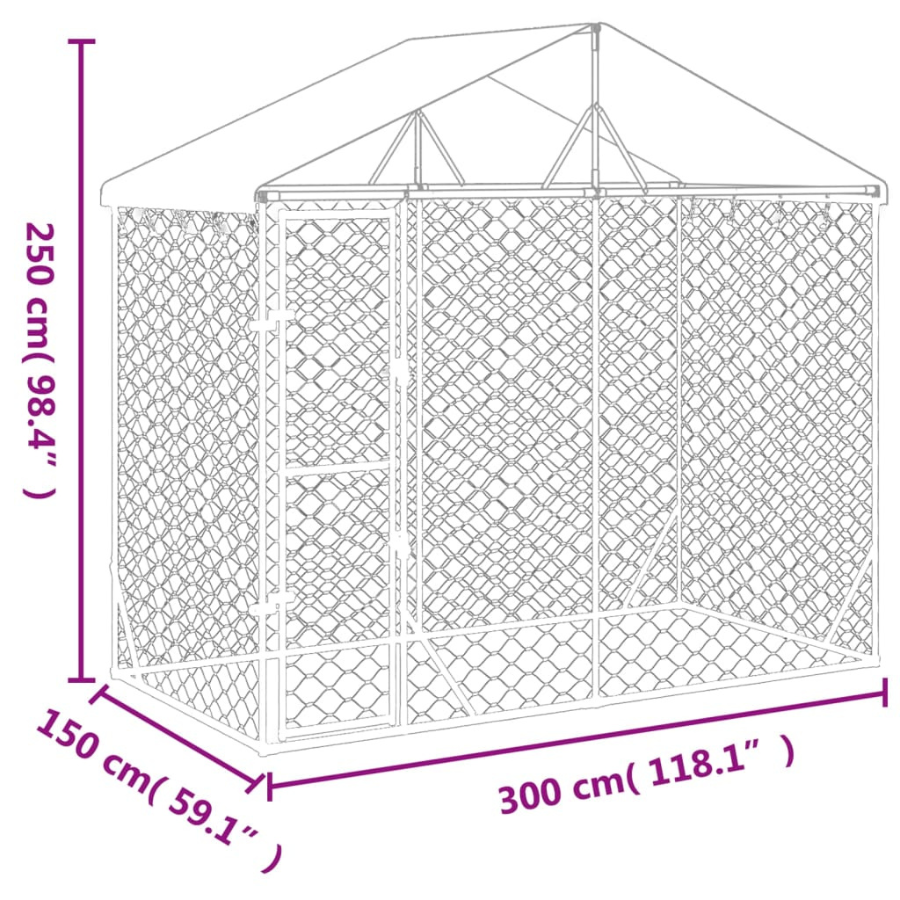 Canil externo para cães vidaXL com telhado, aço galvanizado, prata, 3x3x2,5 m