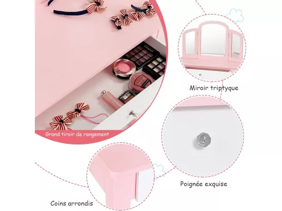 Coiffeuse pour Enfants 2 en 1 avec Miroir Amovible et Pliable, 1 Grand Tiroir Style Princesse Rose