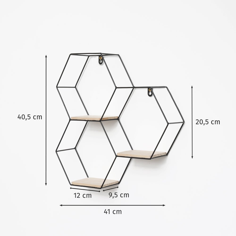 Drievoudige zeshoekige metalen wandplank - 40,5 x 41 cm - Zwart