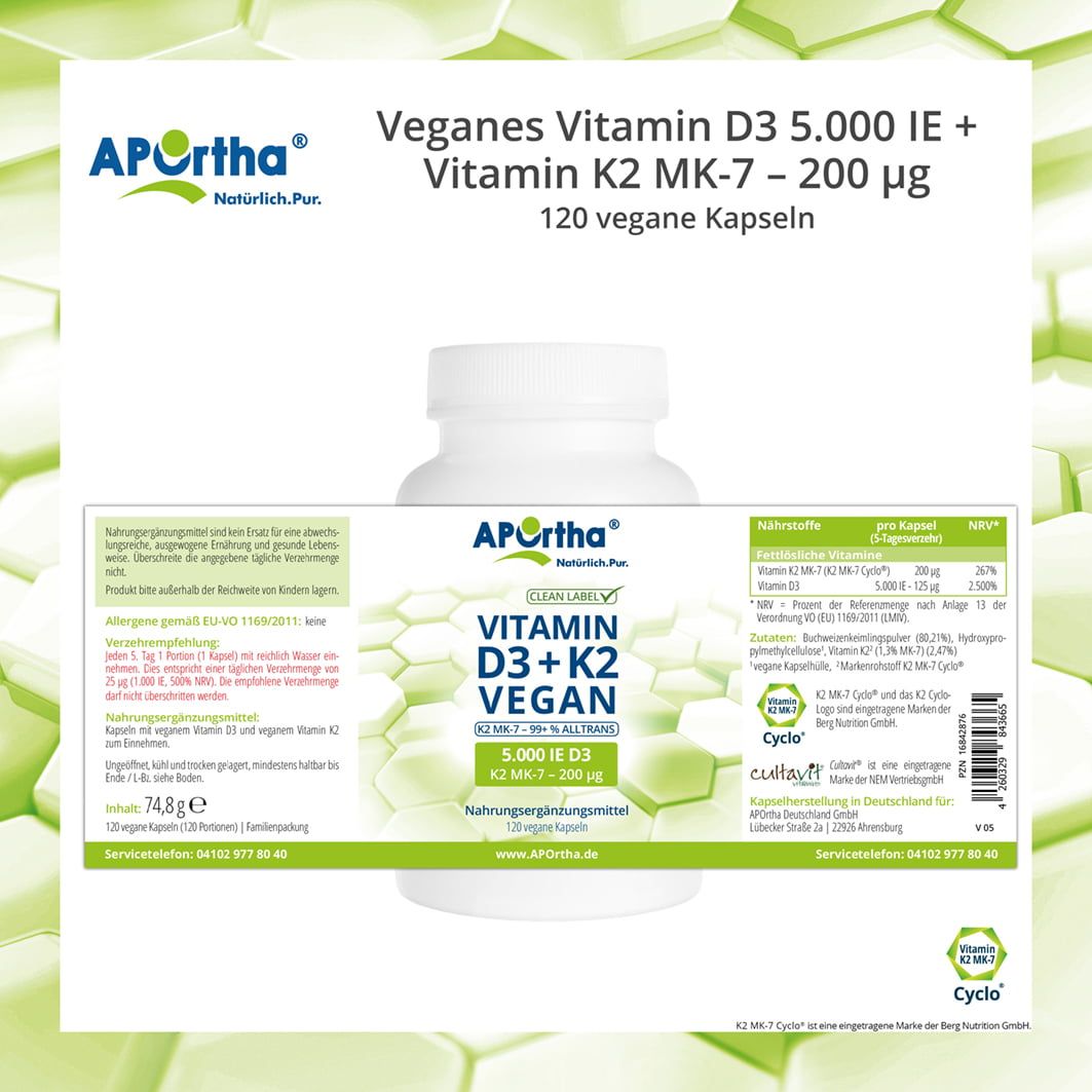 APOrtha® Veganes Vitamin D3 5.000 IE + Vitamin K2 MK-7 Cyclo® 200 µg - Kapseln