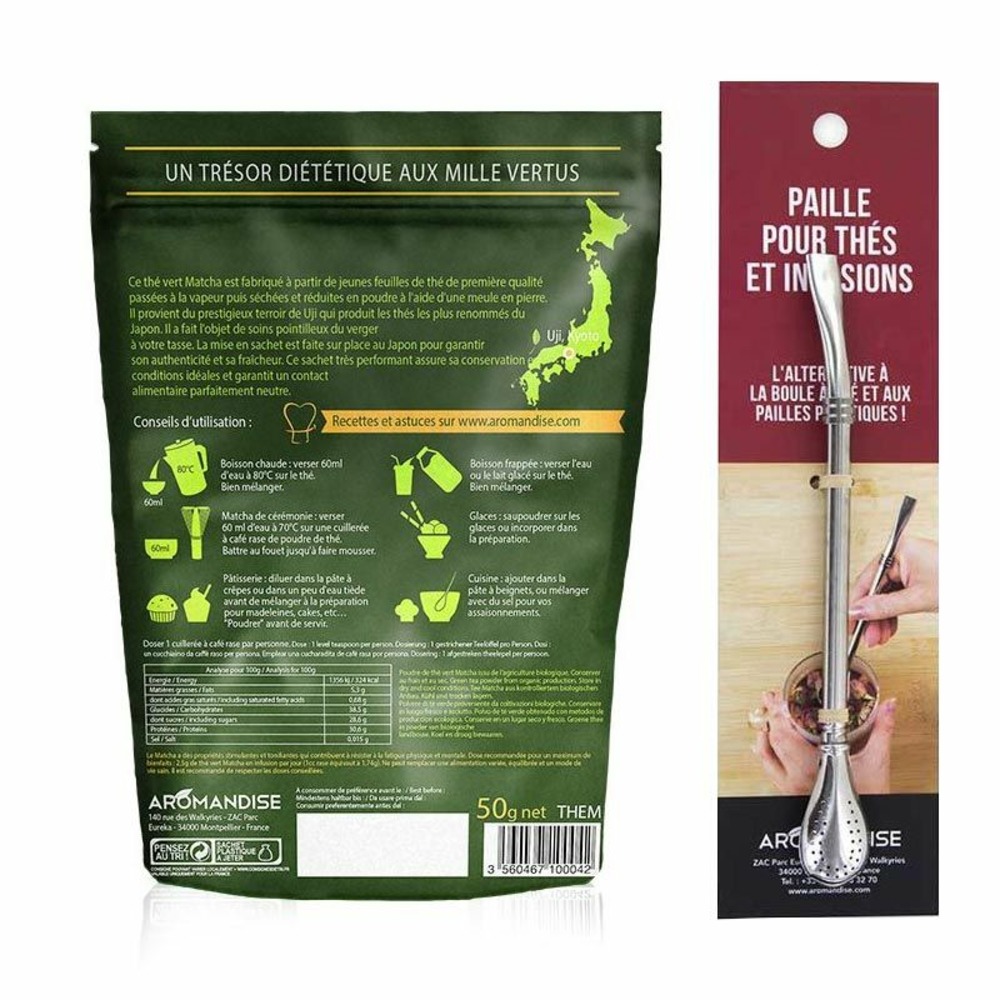 Thé vert bio matcha en poudre 50 g + paille inox avec filtre