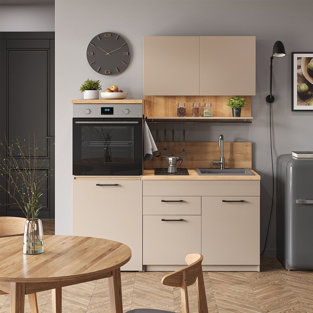 Vicco Singleküche Egbert Greige Eiche 160 cm mit ausziehbarem Tisch
