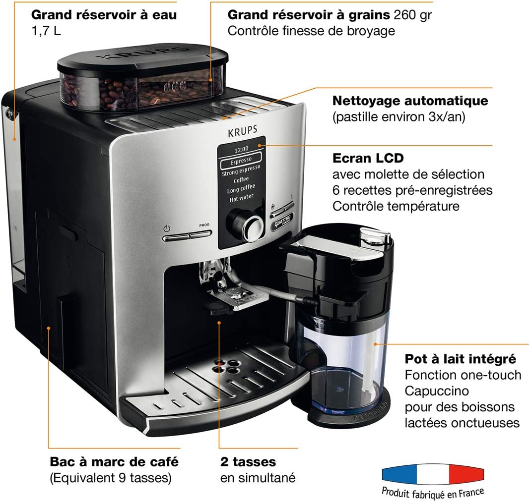 Krups Machine à café grain, 2 expressos simultanés, Ecran LCD, Cafetière espresso compacte, Nettoyage automatique, Buse vapeur pour Cappuccino, Essential noire YY8135FD, Noir