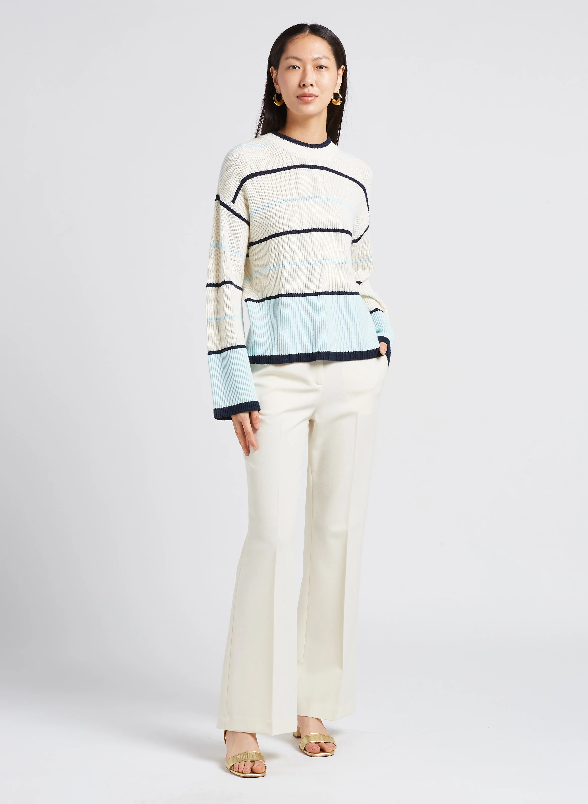 KAINA - Pull col rond rayé en maille mélangée| Blanc