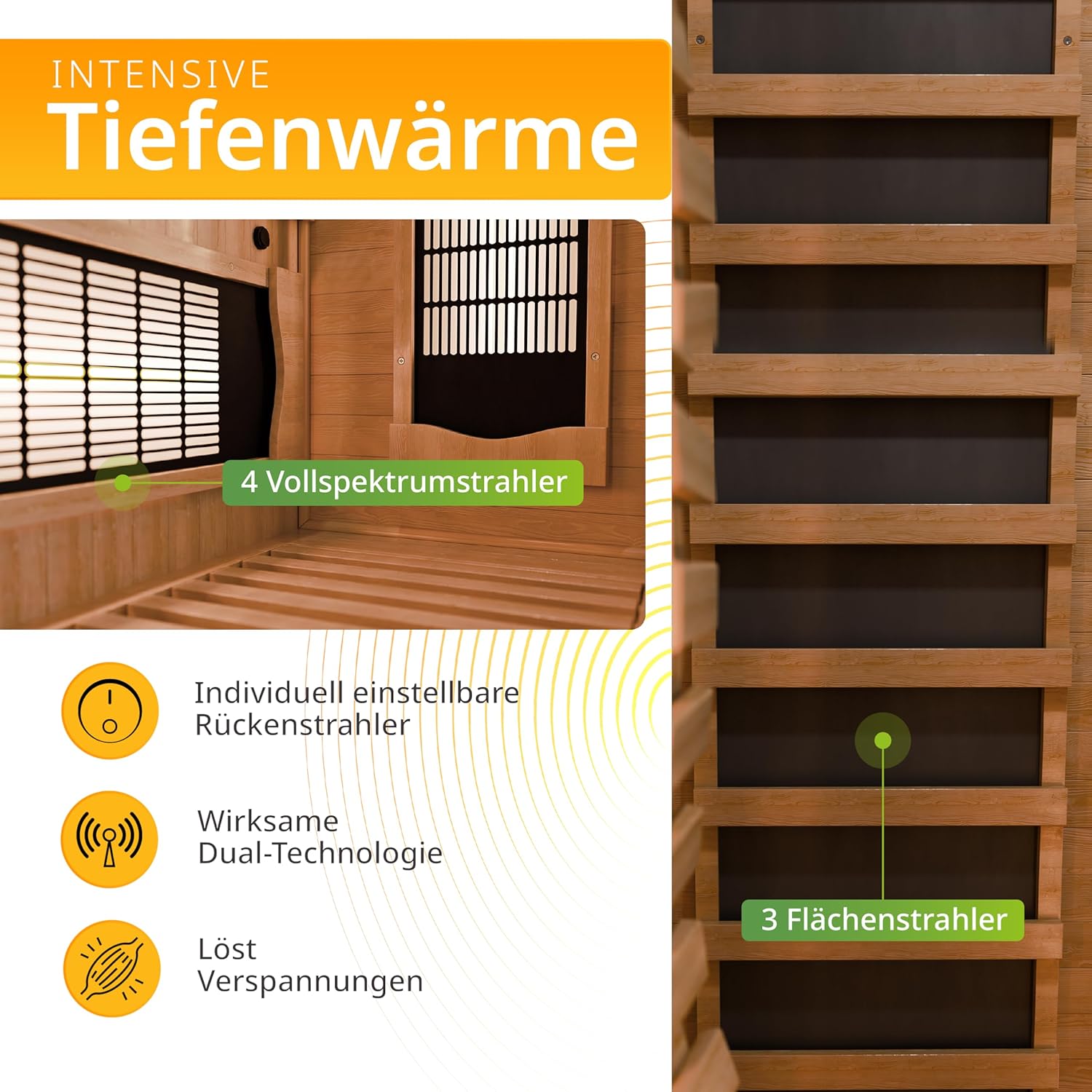 Artsauna Infrarotkabine Kiruna90 mit 4 Vollspektrum- & 3 Flächenstrahler, 1 Person, 90 x 90 x 190 cm, LED Farblicht & Glastür, Infrarotsauna Sauna