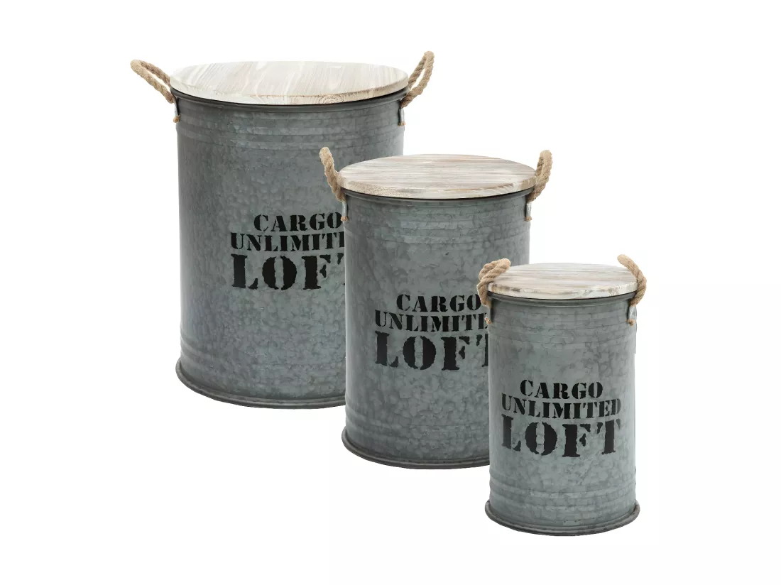 Lot de 3 Coffres Bidon en métal Gris alu Loft rétro factory