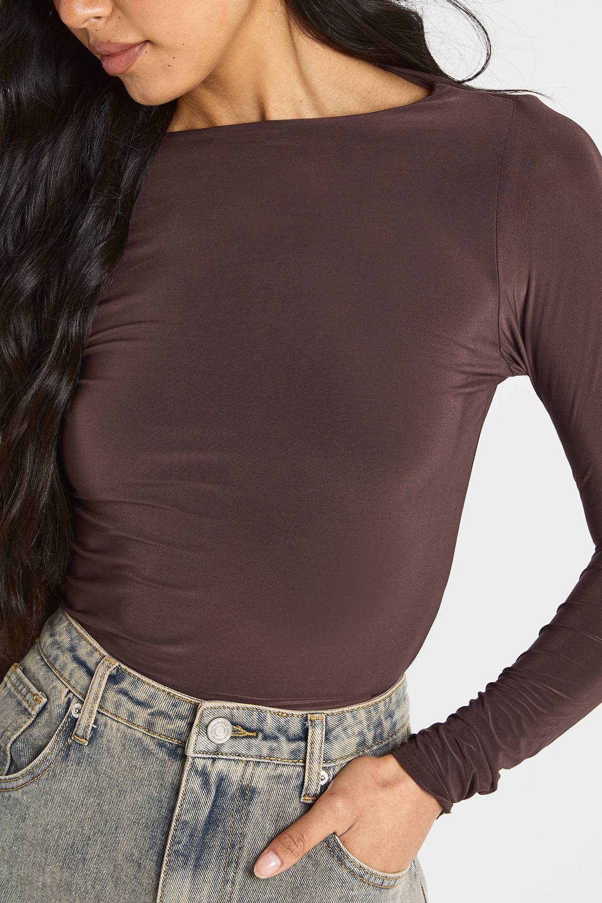 boohoo Haut Grande Taille À Manches Longues En Jersey Slinky Double Épaisseur
