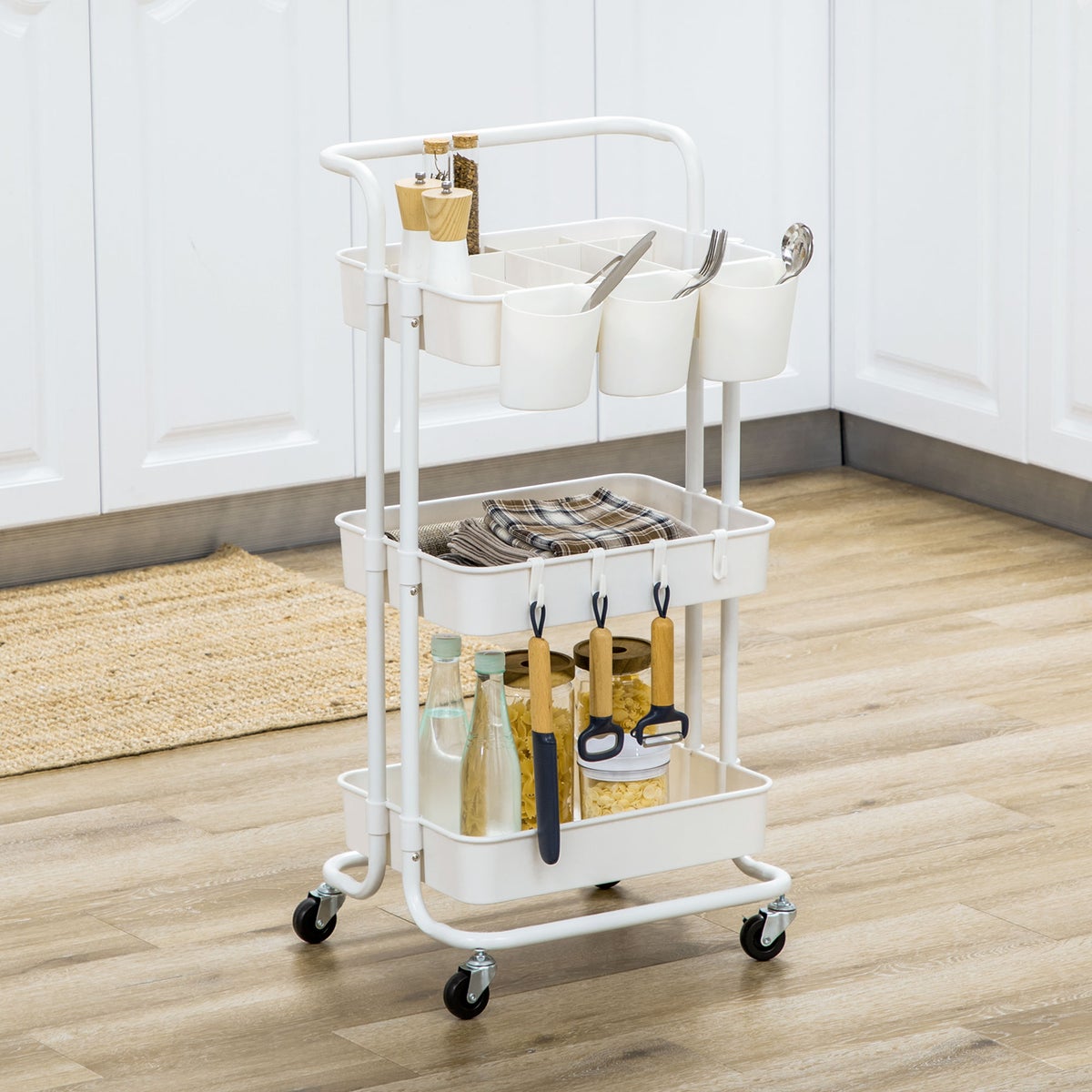 HOMCOM Serveerwagen, Rolwagen met 3 Planken, Opbergmanden, Keukenwagen met Haken, Opbergwagen, Bijzettafel voor Keuken, Woonkamer, Staal, Wit