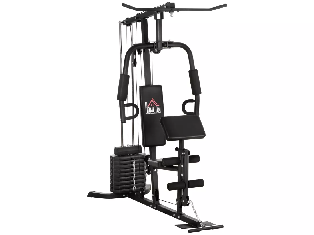 Station de musculation - entrainement complet - développé couché, butterfly, barre latissimus, curler, bande résistance - 9 contrepoids - acier noir