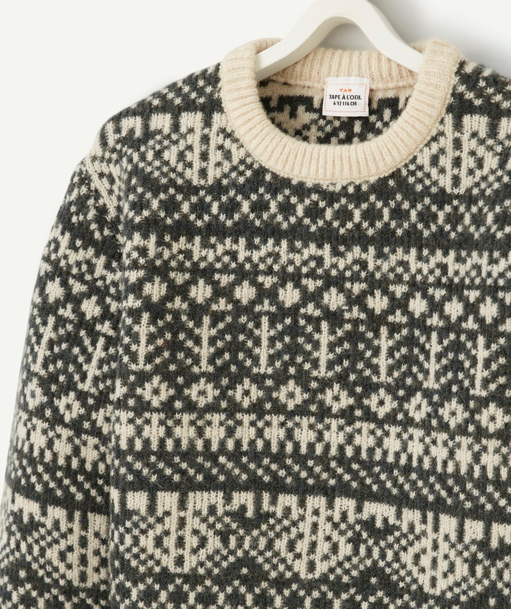 PULL JACQUARD GARÇON EN FIBRES RECYCLÉES ÉCRU ET VERT