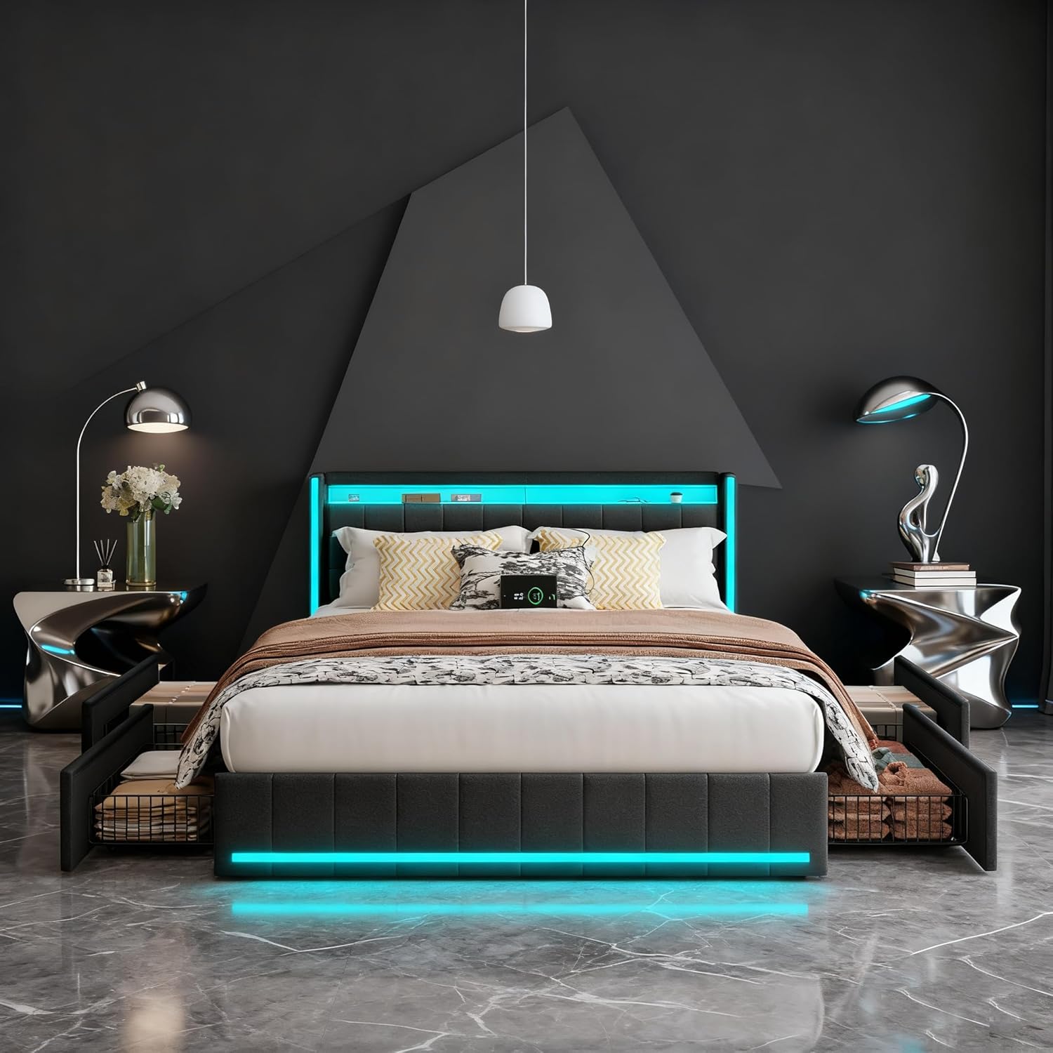 Polsterbett 140x200 cm mit LED-Kopfteil, Doppelbett mit USB-Ladefunktion und Lattenrost, 4 praktischen Schubladen und stilvollem Design, Ideal für Jugendzimmer und Moderne Räume, Ohne Matratze