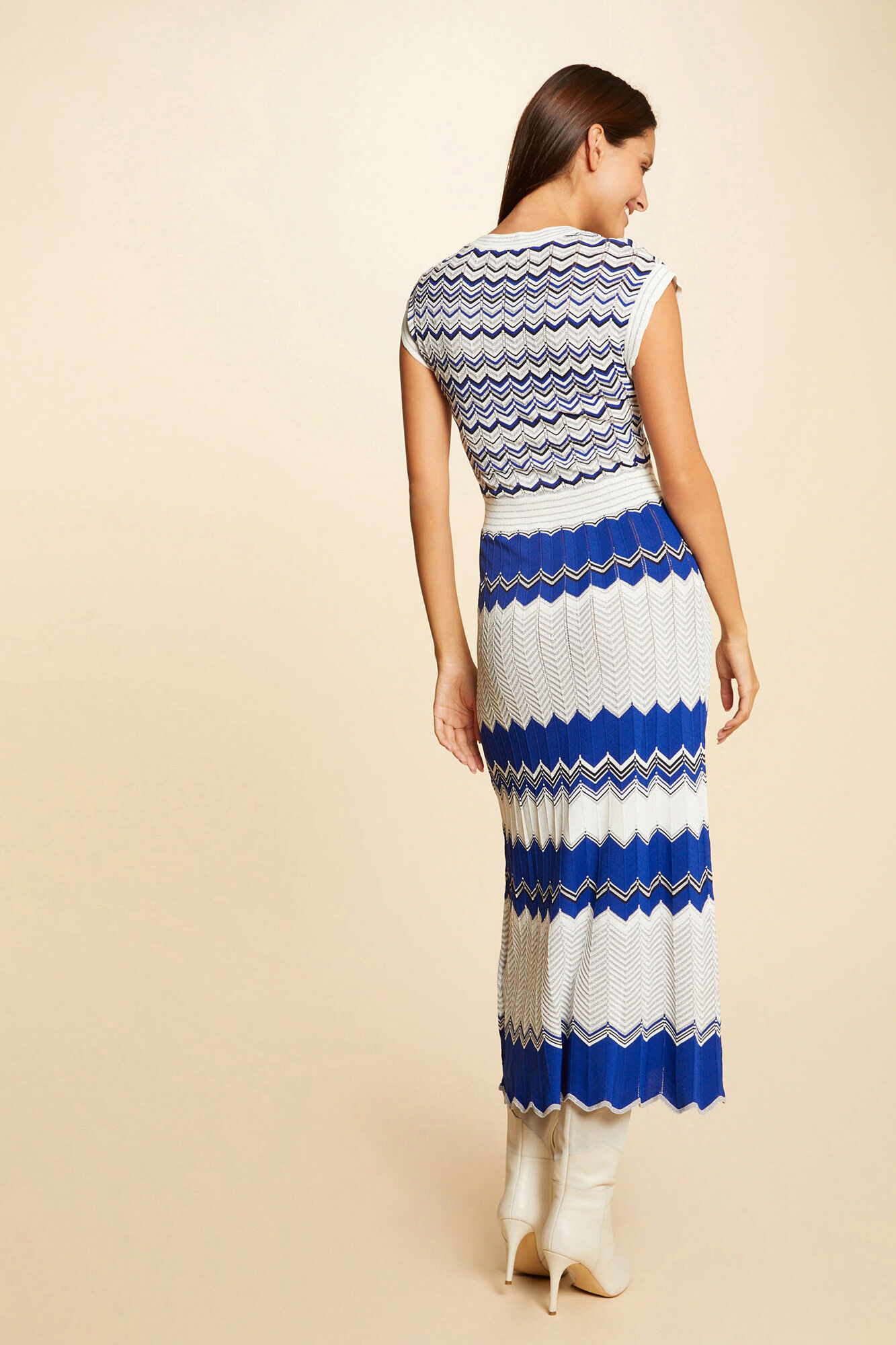 Vestido longo reto de malha com estampa - Estampa azul