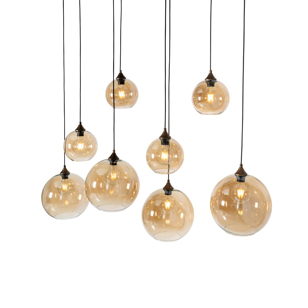 Art Deco hanglamp donkerbrons met amber glas ovaal 8-lichts - Sandra