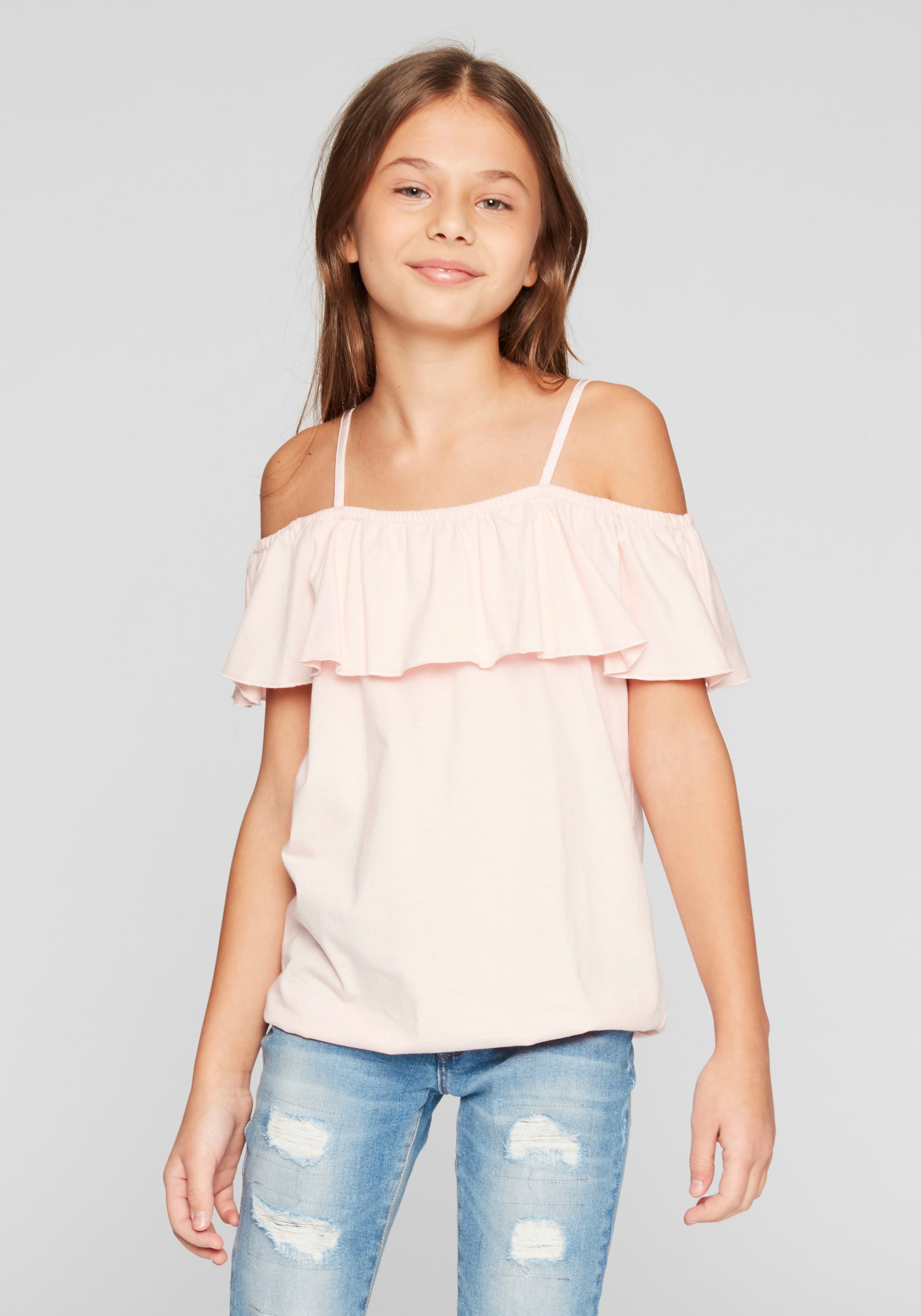 KIDSWORLD T-Shirt »Volant-Shirt«, Kurzarm,  weite Passform,  Carmenausschnitt,  aus Jerseystoff