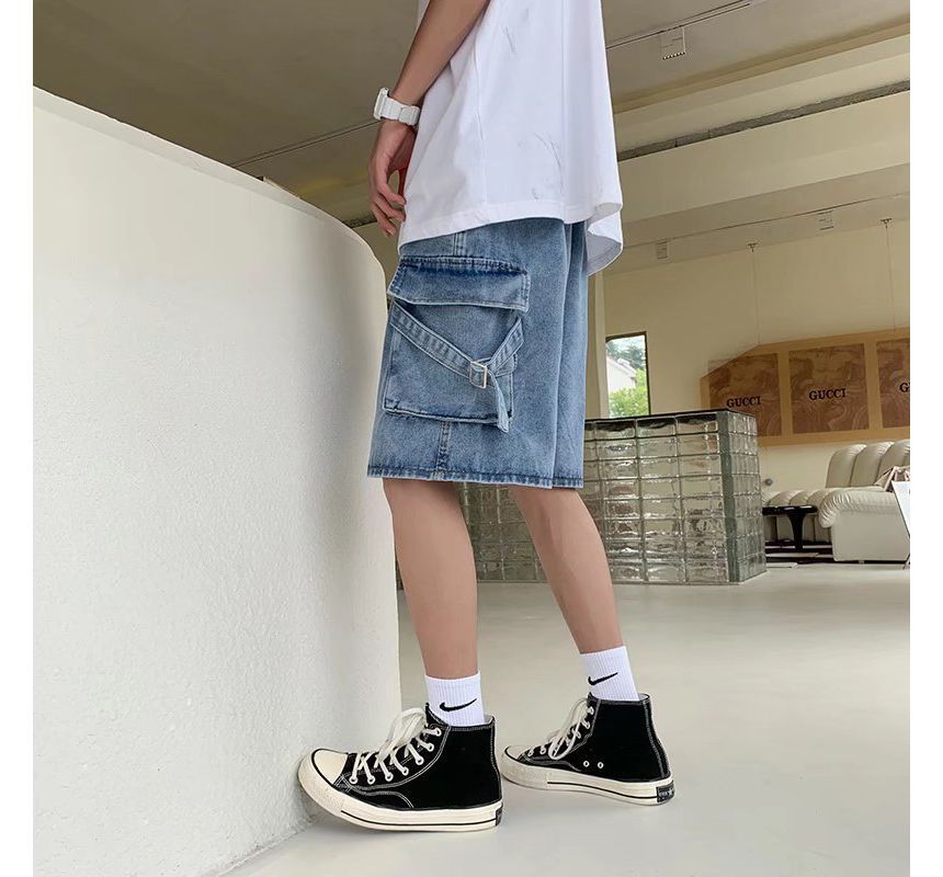 DuckleBeam - Mid Rise Washed Denim Cargo Shorts