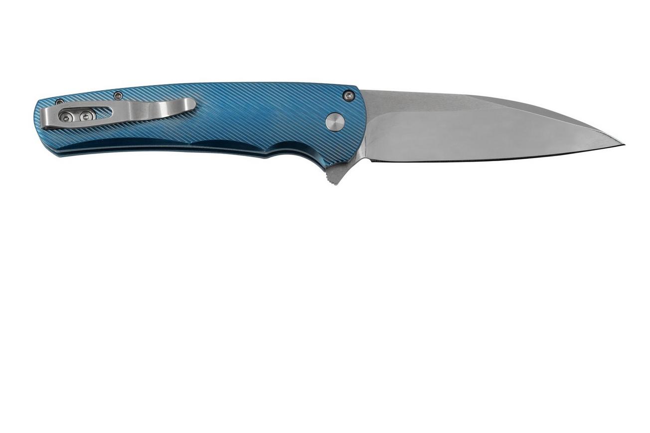 Pro-Tech Malibu Mike Irie Custom 2023, Blue Titanium handle, Gold Lip Pearl Button, Wharncliffe Blade, zakmes
