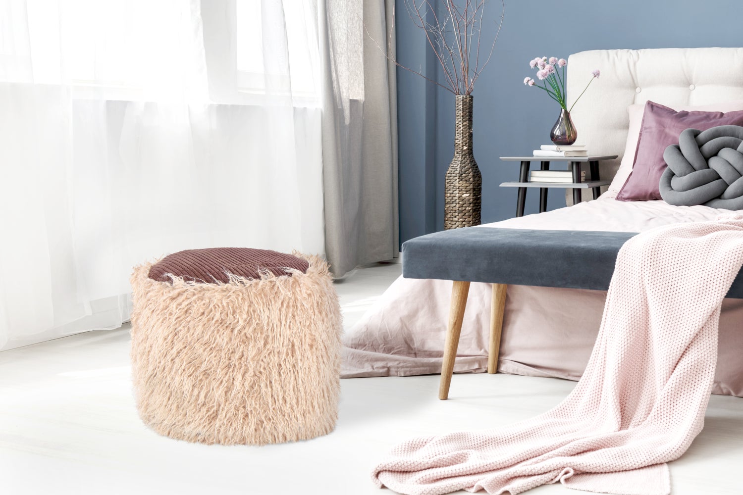 Poef, bont poef kruk, modern beige/bruin, rond, Ø 45 cm