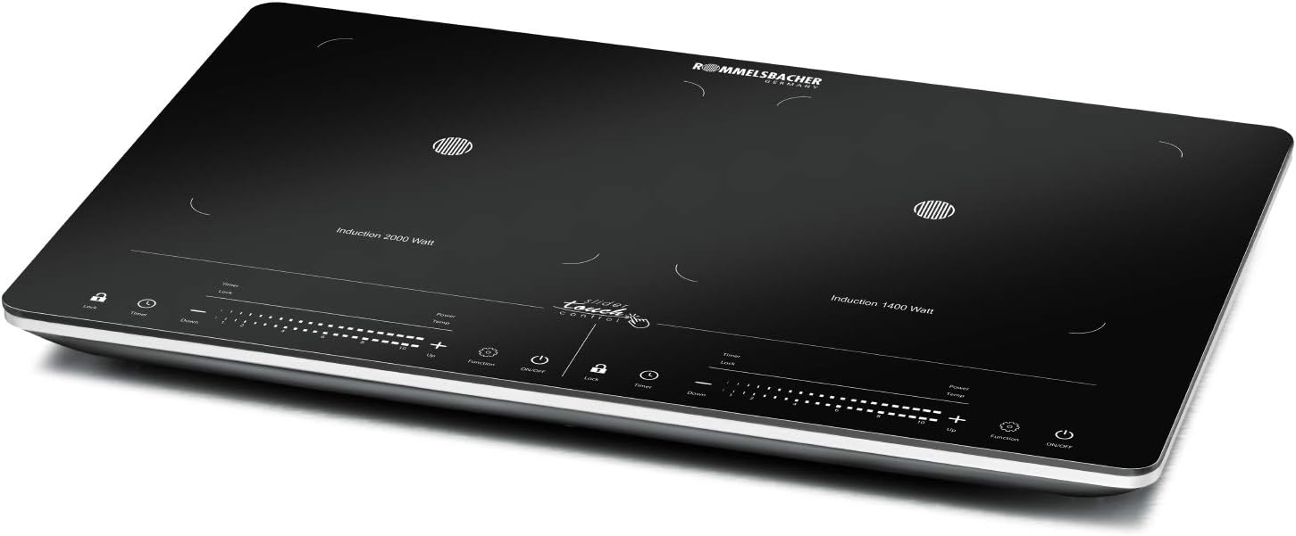 ROMMELSBACHER Doppelkochplatte CT 3420/IN Induktion - Glaskeramik, Touch Control, Topferkennung, 10 Leistungsstufen, 10 Temperaturstufen von 60-220 °C, Timer, Abschaltfunktion, 3400 Watt