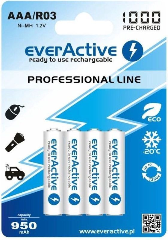 everActive - Batterij AAA - 1050 mAh - 4 Stuks - NI-MH - Oplaadbaar - Wit