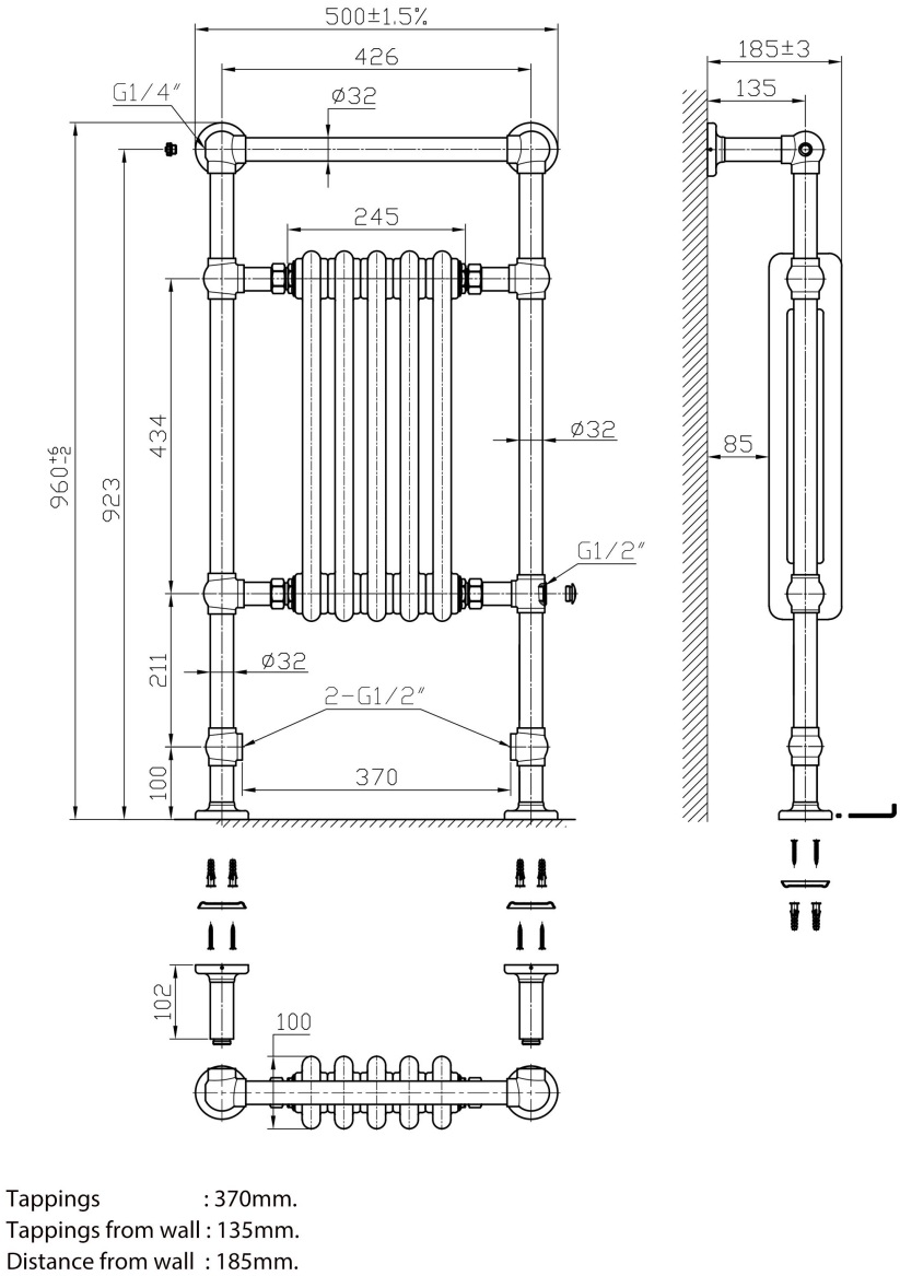 Eastbrook Avon radiator 50x95cm 530W messing/wit glans
