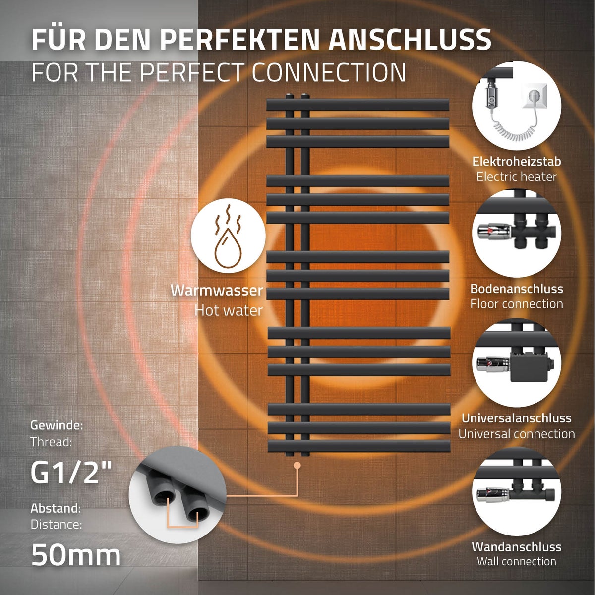 ECD Germany Iron EM Design Elektrische Badkamerradiator met Verwarmingselement 1200 W - 600 x 1200 mm - Antraciet - Designradiator Paneelradiator Handdoekwarmer Handdoekdroger
