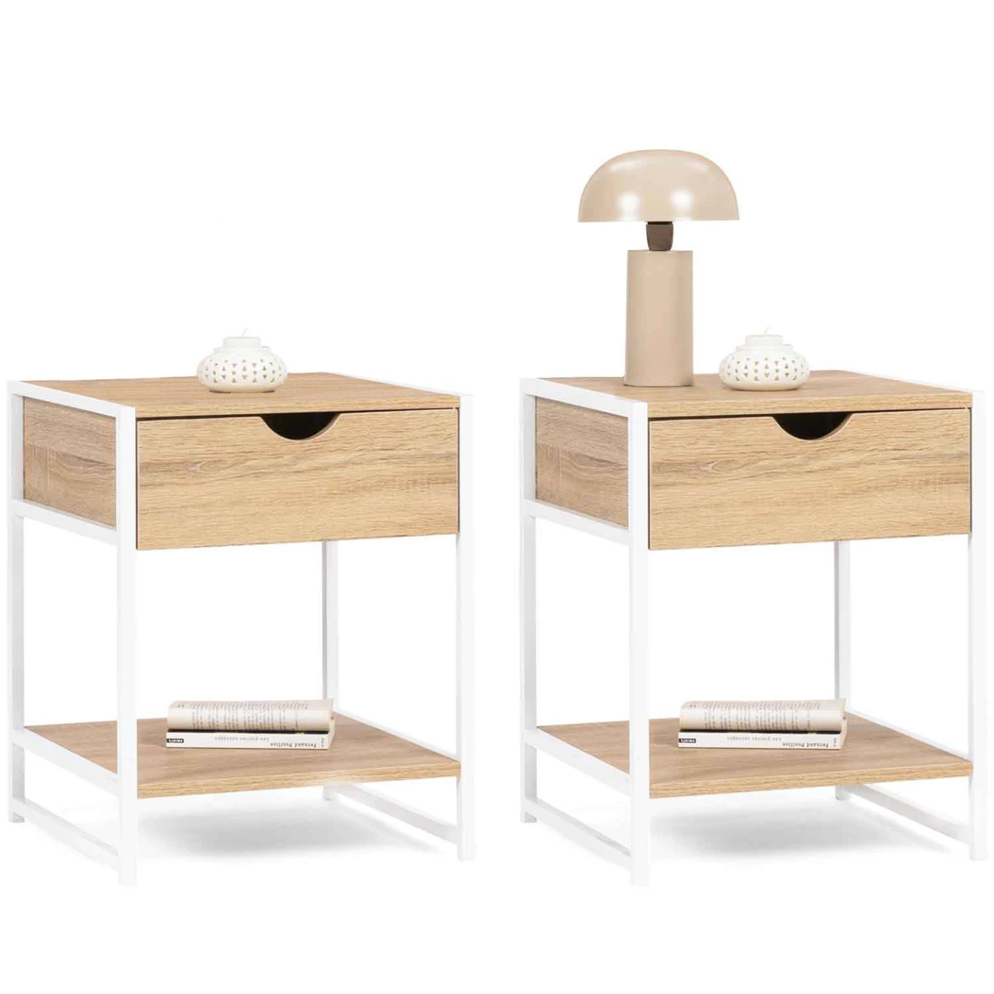 Lot de 2 tables de chevet DETROIT 1 tiroir avec tablette bois et métal blanc design industriel