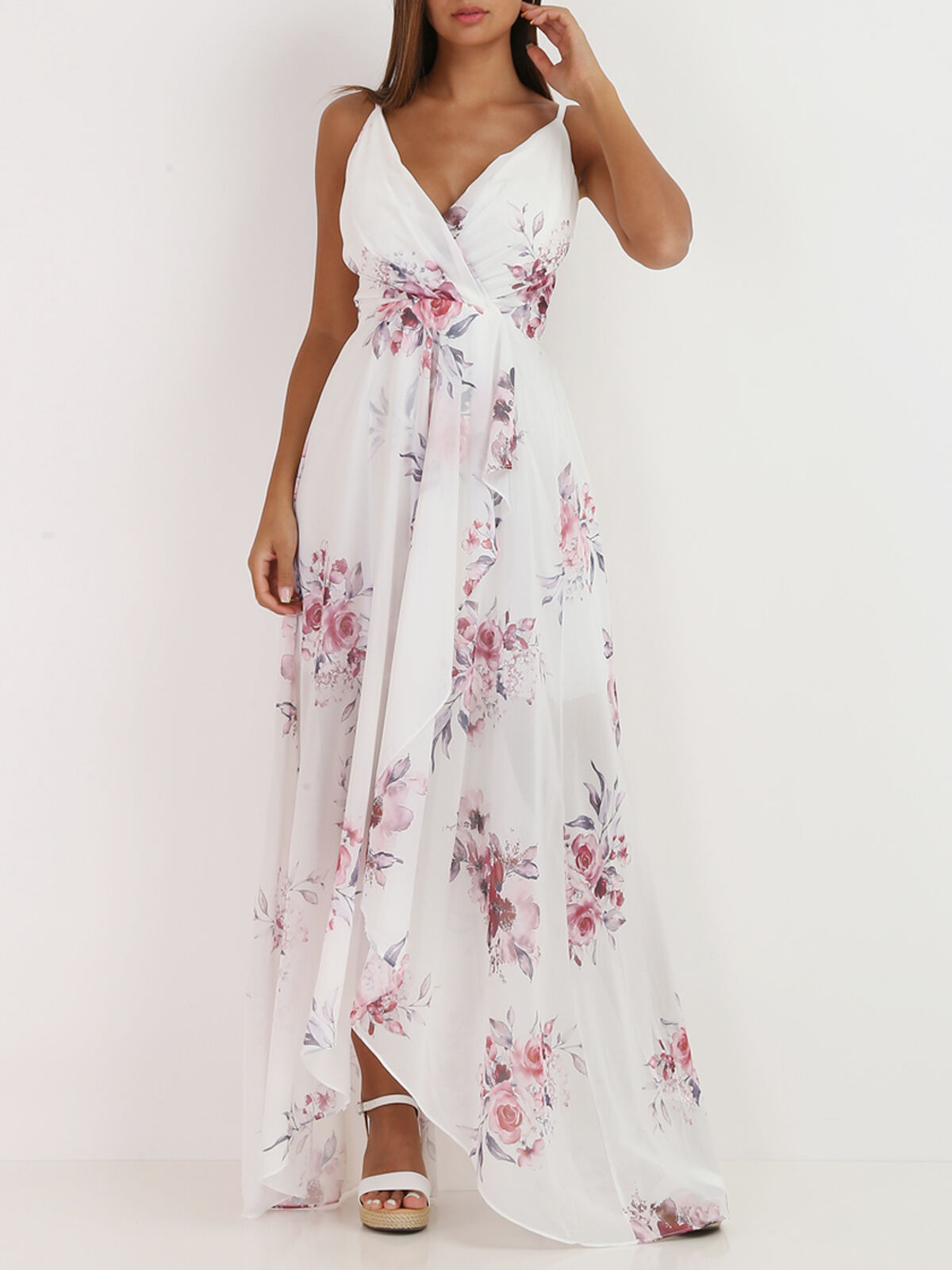 Robe longue fendue à fleurs romantiques- Blanc