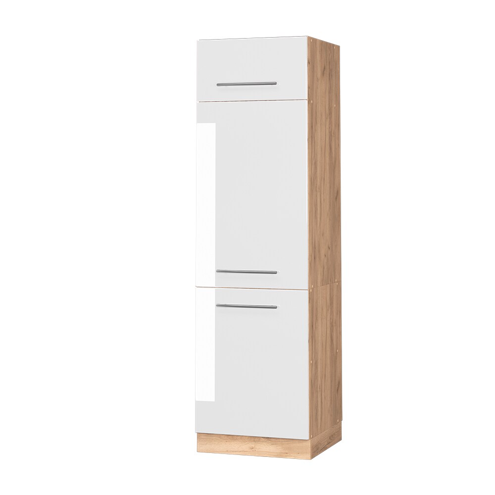 Vicco Kühlumbauschrank Küchenschrank Küchenmöbel Fame-Line Eiche Weiß modern 60 cm Küche Einbauküche Blende Drehtür Einlegeboden Kühlschrank Küchenzeile Hochglanz