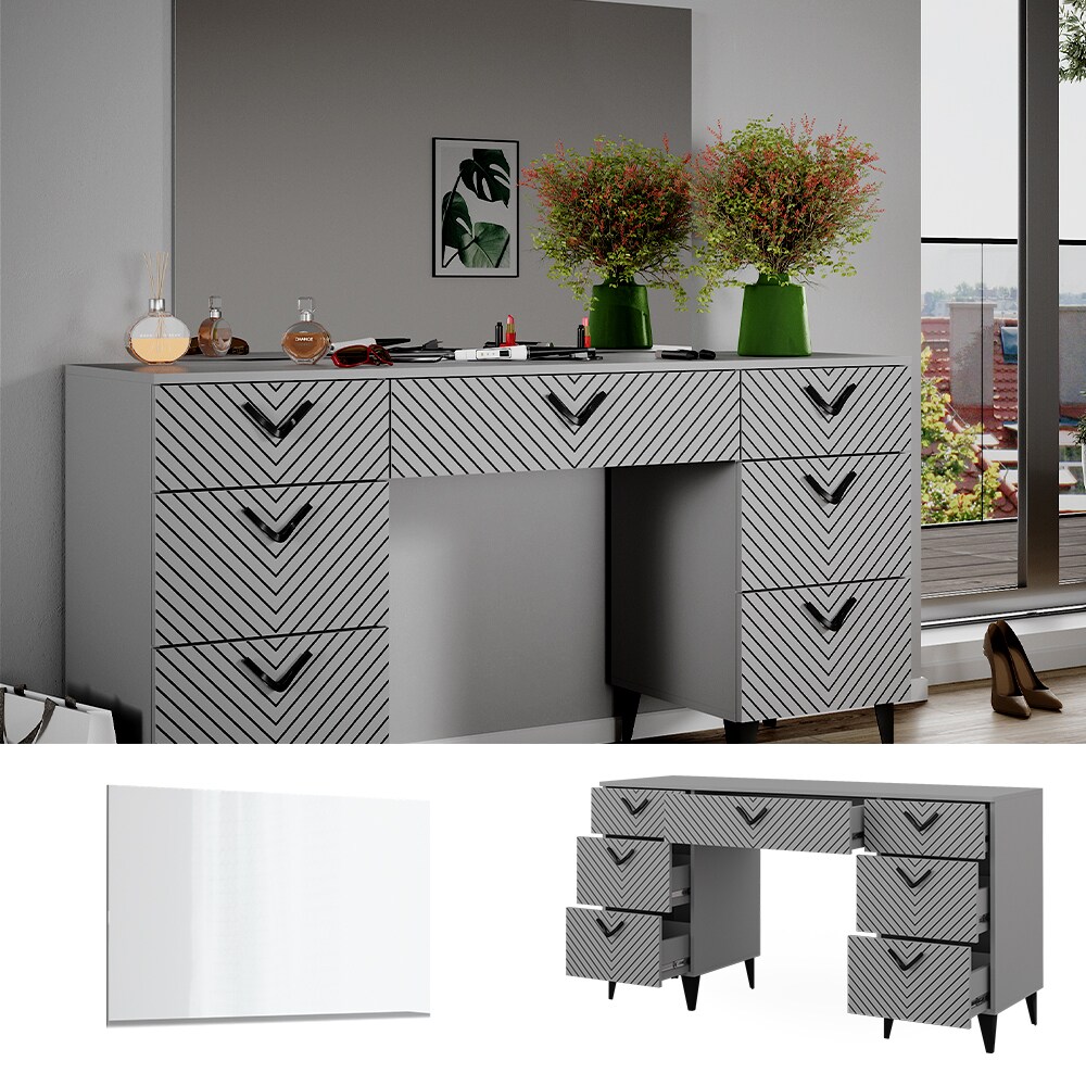 Vicco Schminktisch Anett Grau mit Spiegel, 150 x 78 cm, Frisiertisch, Schubladen