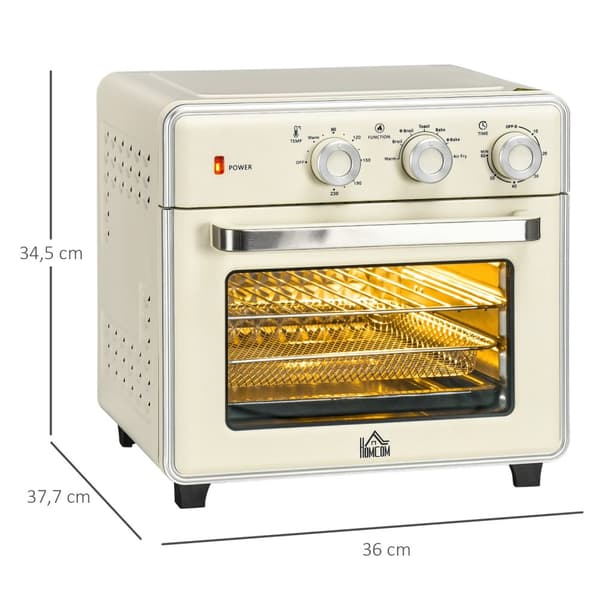 Miniovn Med Sirkulasjonsluft 20L, 7 I 1 Pizzaovn Inkludert Stekebrettsett, Stekekurv, Smulebrett, 1 Times Timer, 1400 W, Kremhvit