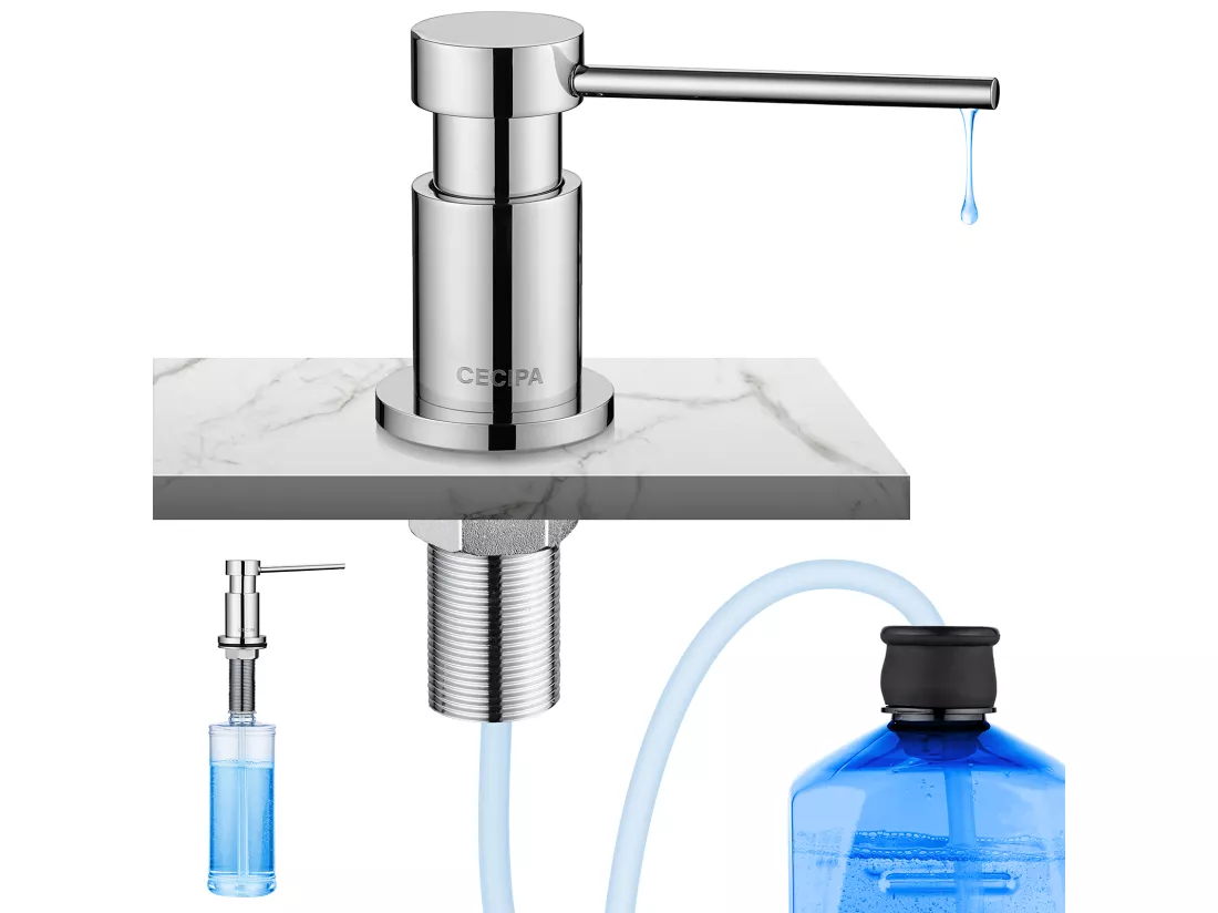 Cecipa max Distributeur de Savon de Cuisine chromé - Distributeur de Savon avec Récipient de 300ML + Tuyau d'extension en Silicone de 1,25M,EU Modèle