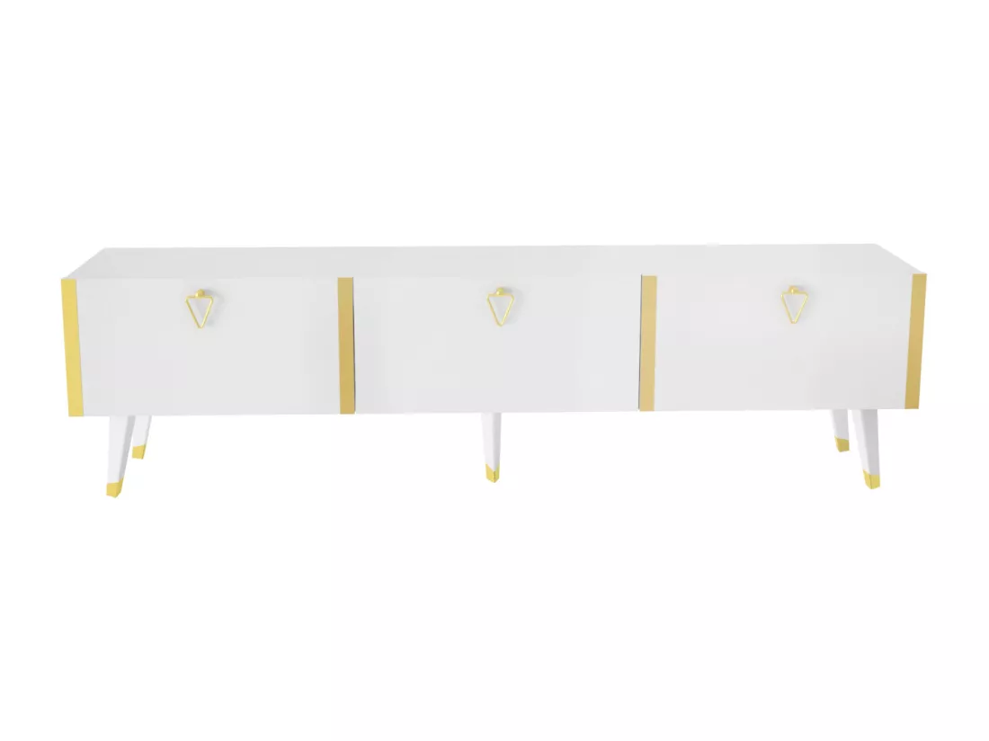 Meuble TV Milagro 180 cm Armoires Abattants Design Chic à 5 Pieds (Blanc et Doré)