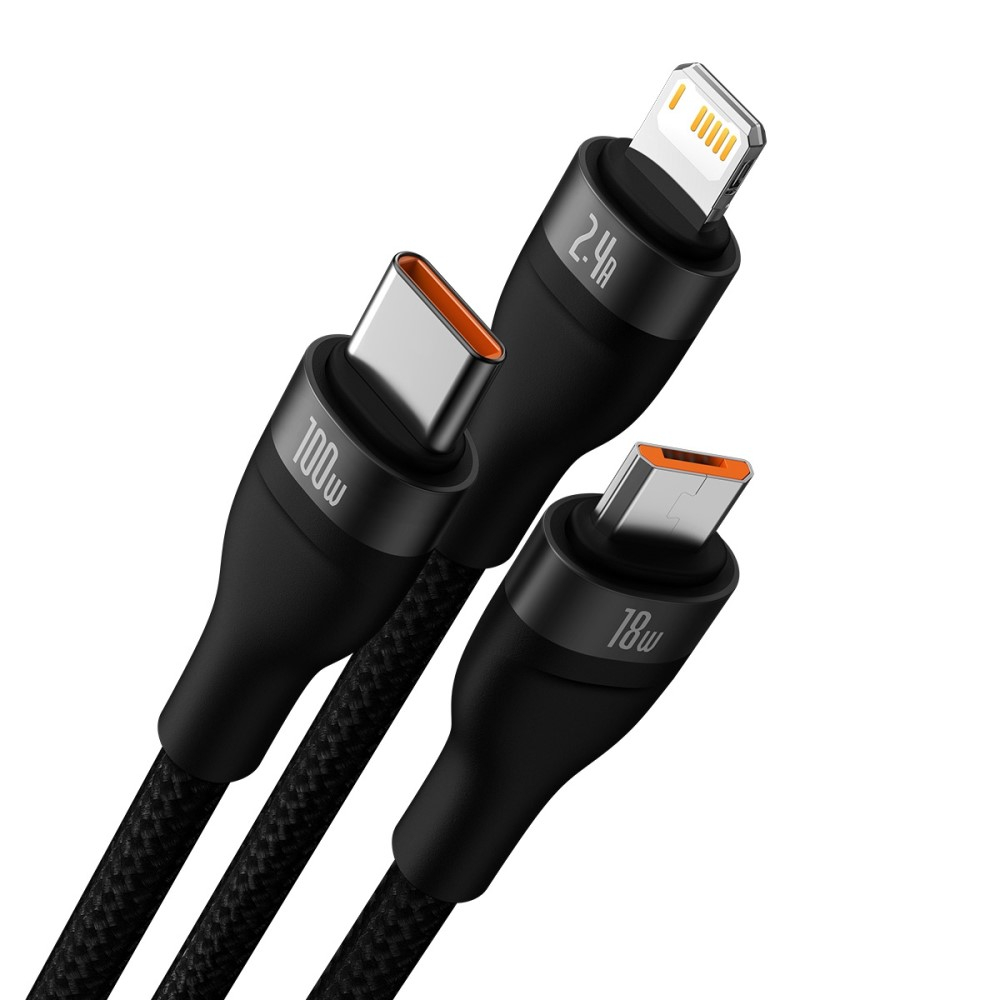 (1.2m) 3in1 Flash USB A auf Micro USB / Lightning / USB C Fast Charging Nylon Ladekabel Datenkabel - Schwarz
