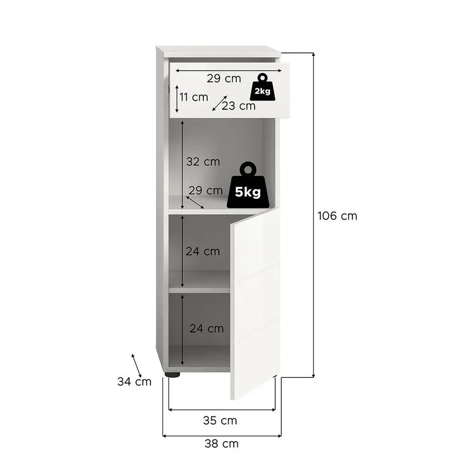 Hioshop Vira badkamerkast 1 lade 1 deur 1 vak wit hoogglans- wit