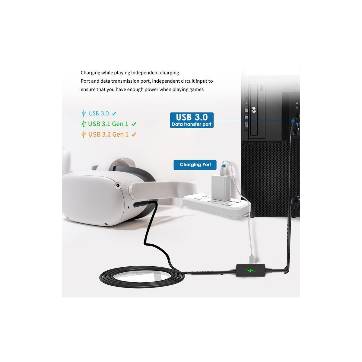NÖRDIC 5m USB3.2 Gen 1 aktiv VR-datalinkkabel USB-C til A 5Gbps