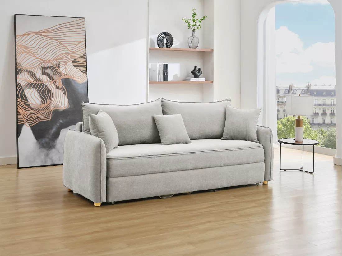 Canapé 3 places convertible en tissu gris avec assise à mémoire de forme TORNOLO