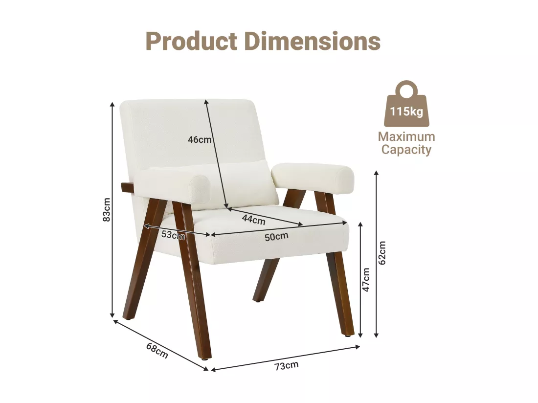 Fauteuil en Sherpa Beige - pieds en bois massif - avec accoudoirs rembourrés - charge max 125kg - 73x68x83cm