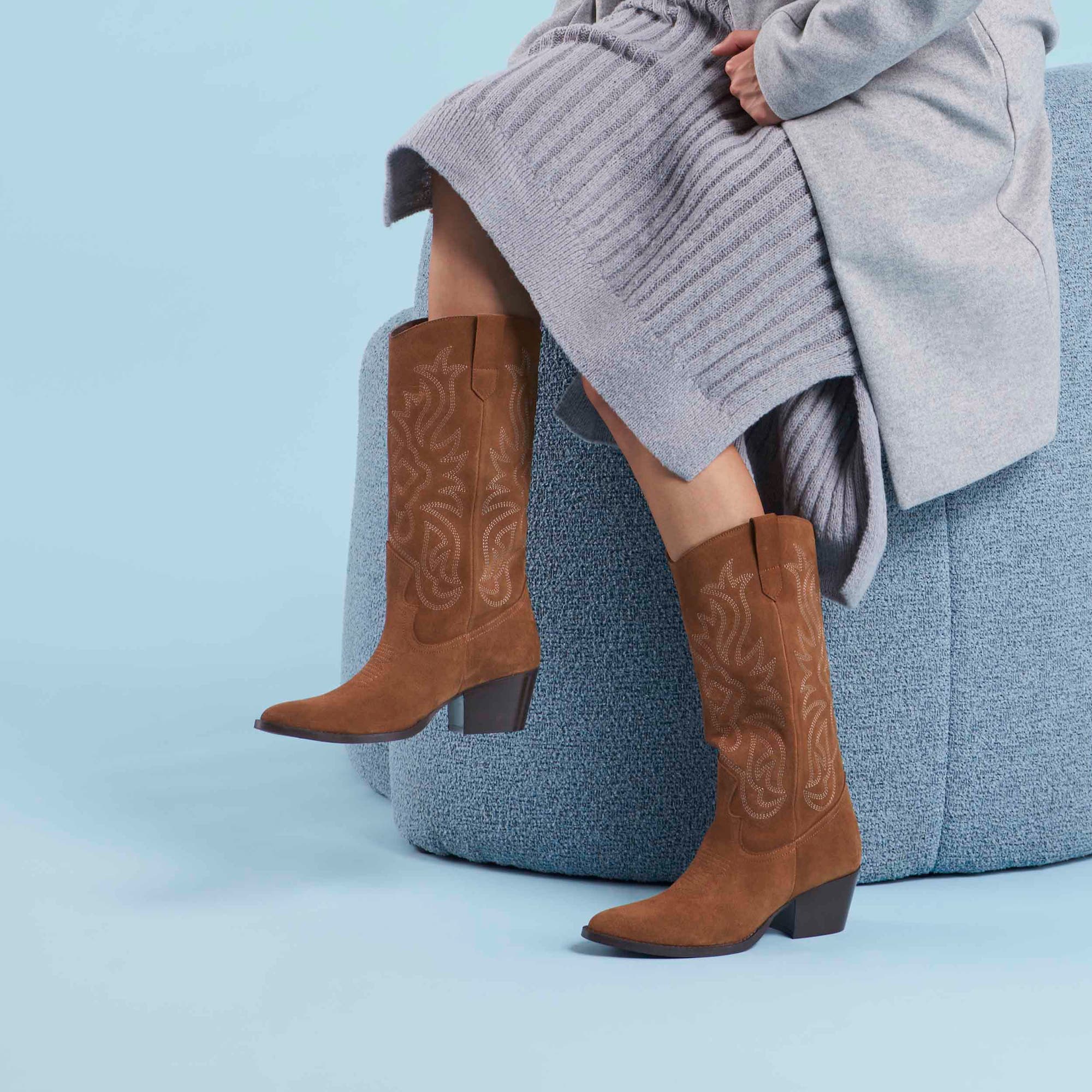 Bottes à talon Femme en cuir cognac