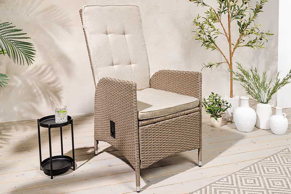 Outdoor Gartenstuhl SYLT natur beige Polyrattan Hochlehner mit Armlehne verstellbar wetterfest