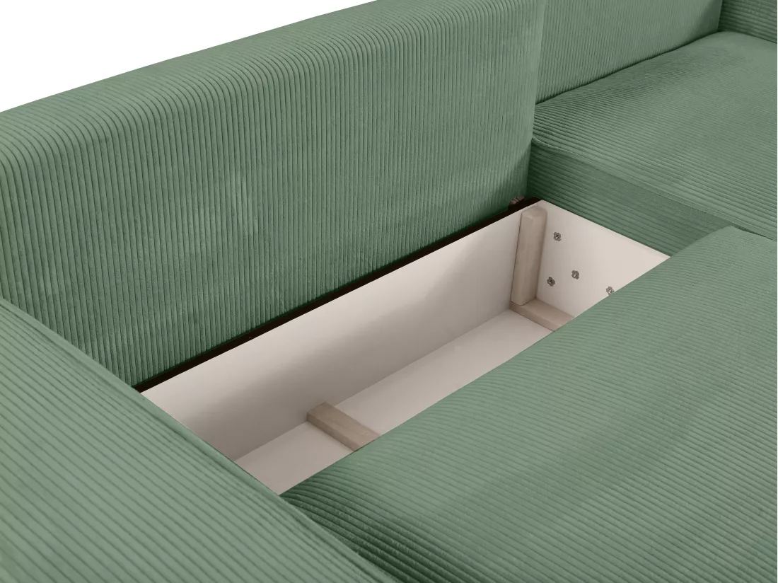 Canapé d'angle droit convertible en velours côtelé vert amande AMELIA