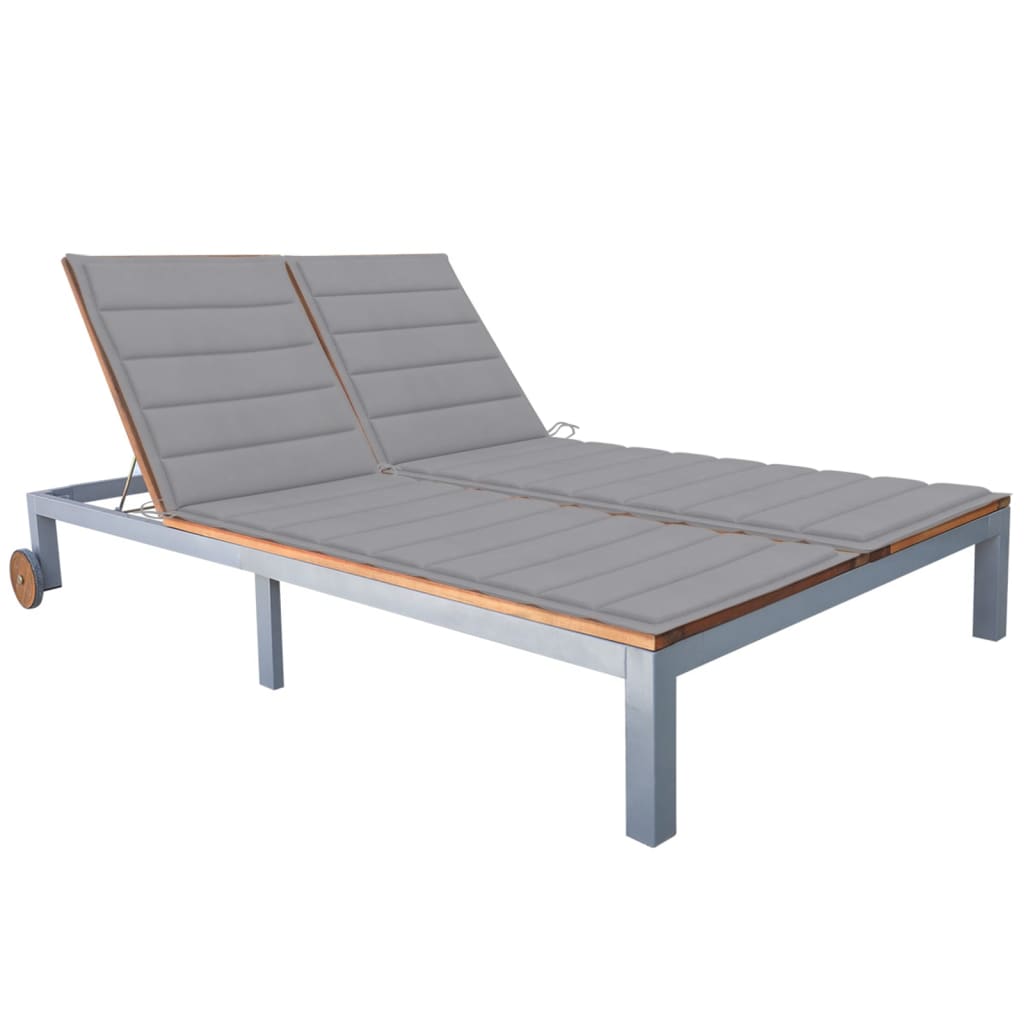 Transat chaise longue bain de soleil lit de jardin terrasse meuble d'extérieur 2 places avec coussin acacia solide et acier 0