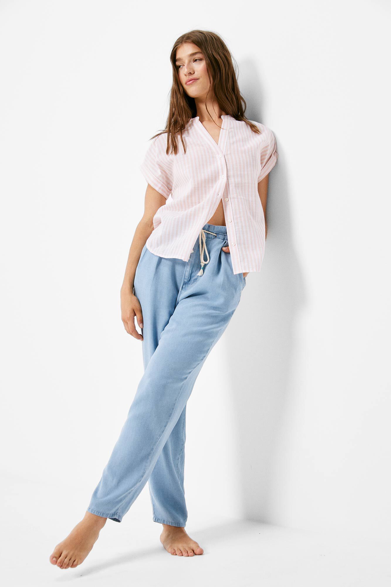 Blusa de algodão com gola mandarim - Rosa